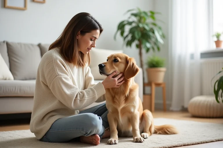 Femme examinant son golden retriever à la maison, illustrant l'importance d'une assurance santé pour animaux de compagnie