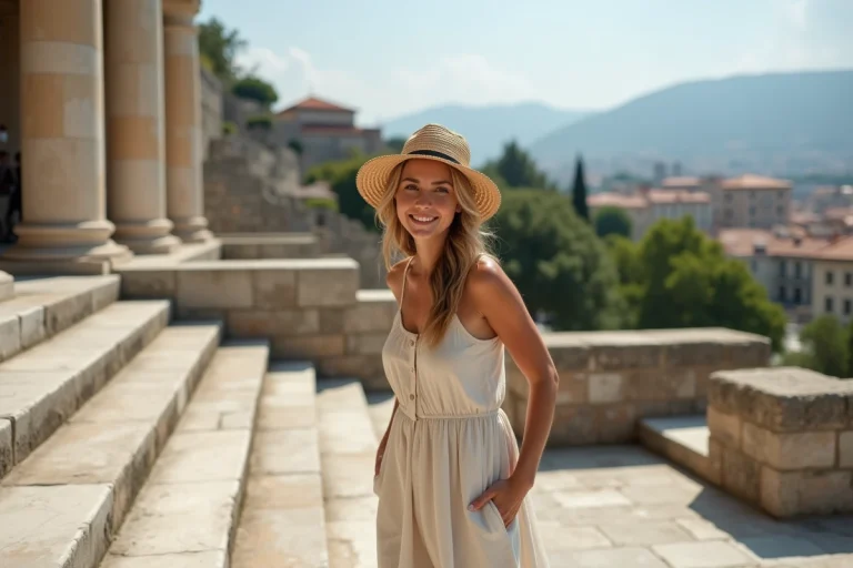 Femme souriante sur les marches antiques d'Izmir