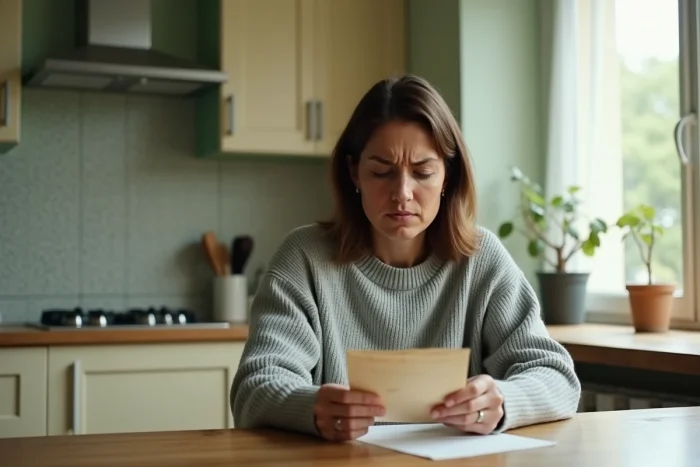 Femme inquiète tenant un document médical refusé à la maison, illustrant le refus de prolongation d'arrêt maladie