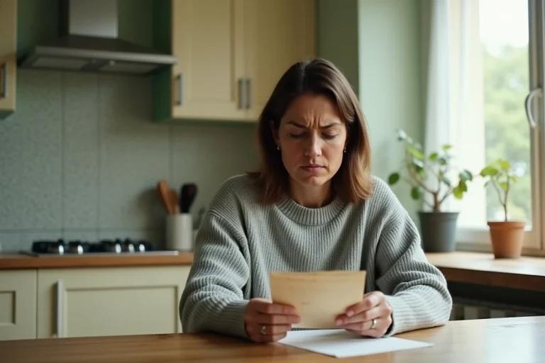 Femme inquiète tenant un document médical refusé à la maison, illustrant le refus de prolongation d'arrêt maladie
