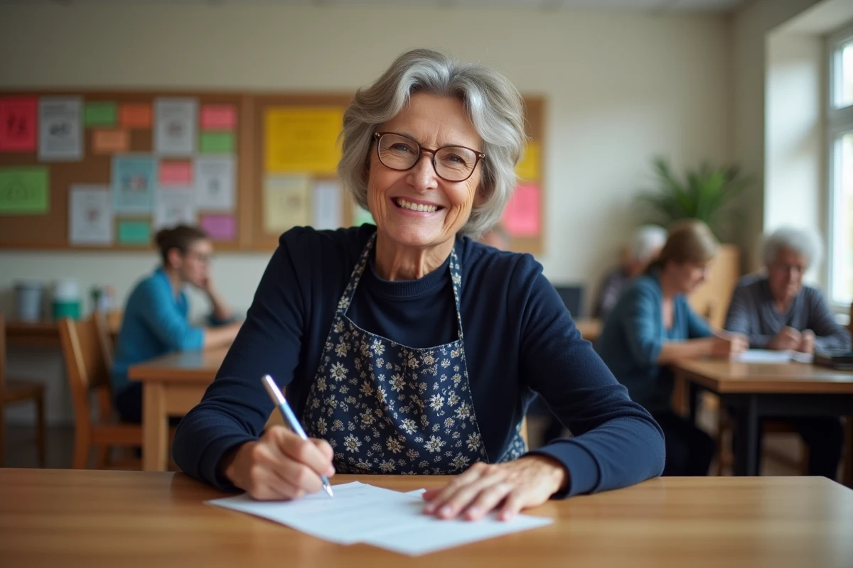 Femme signant un formulaire dans un centre communautaire