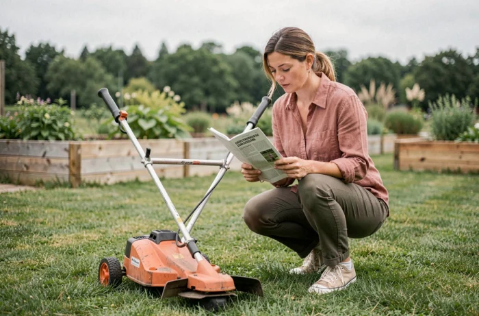 Femme lisant le manuel d'un coupe-bordure thermique avant de l'utiliser dans son jardin