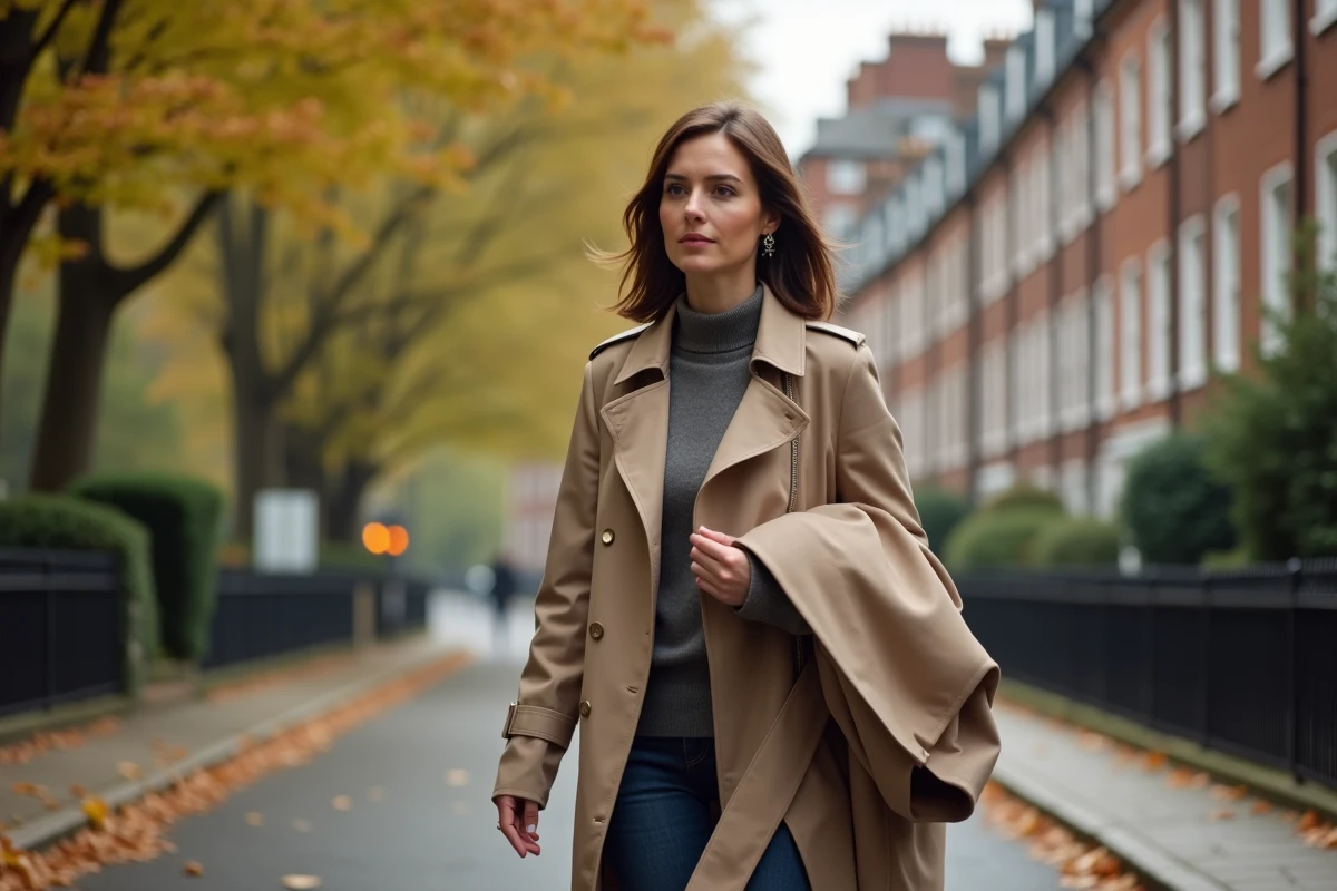 Femme en marche dans une rue londonienne en automne