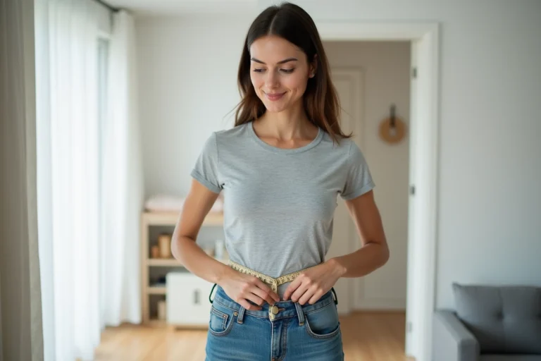 Femme mesurant son tour de taille avec un mètre ruban pour choisir sa taille sur Zalando