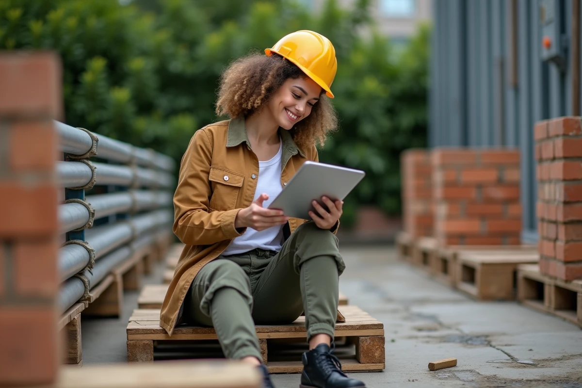 Jeune femme inspecte matériaux de construction en extérieur