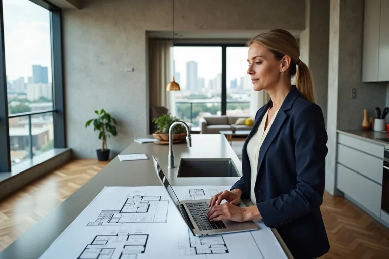 Femme professionnelle examinant des plans immobiliers dans un appartement moderne pour un projet d'achat en 2024