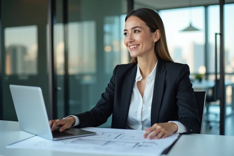 Femme d'affaires souriante dans un bureau moderne