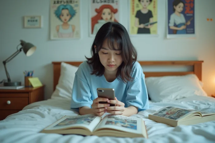 Jeune femme cherchant des alternatives de lecture manga sur son smartphone allongée dans sa chambre