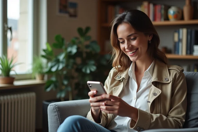 Femme souriante utilisant son smartphone pour chercher un dentiste local