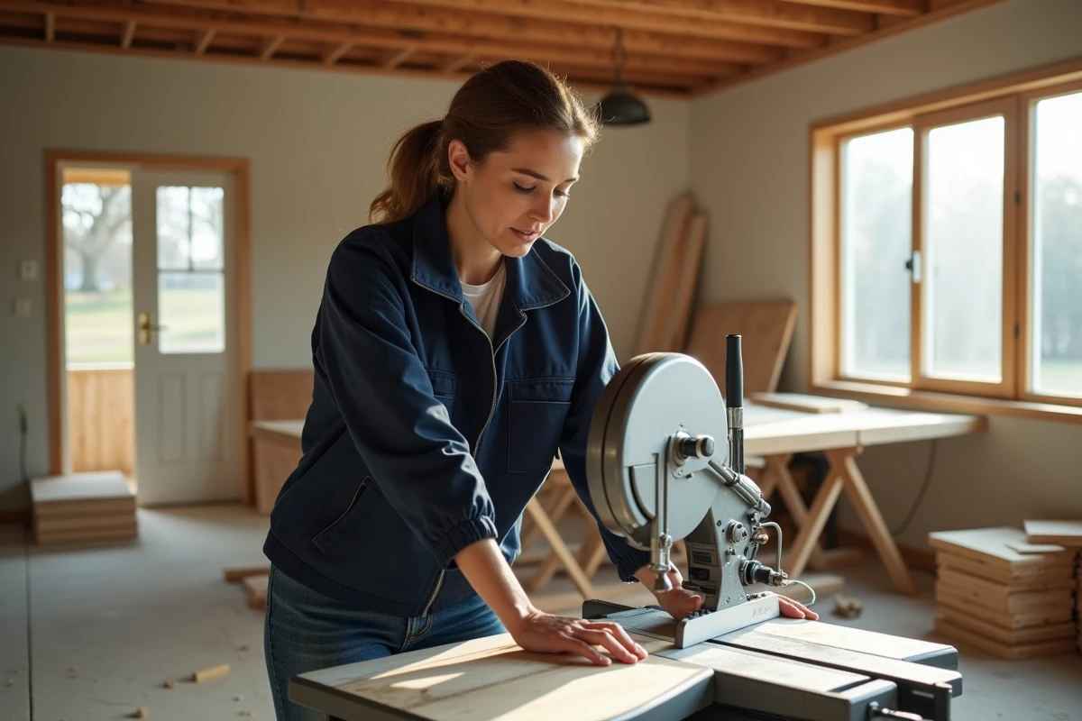 Femme examinant une scie radiale dans un espace de rénovation