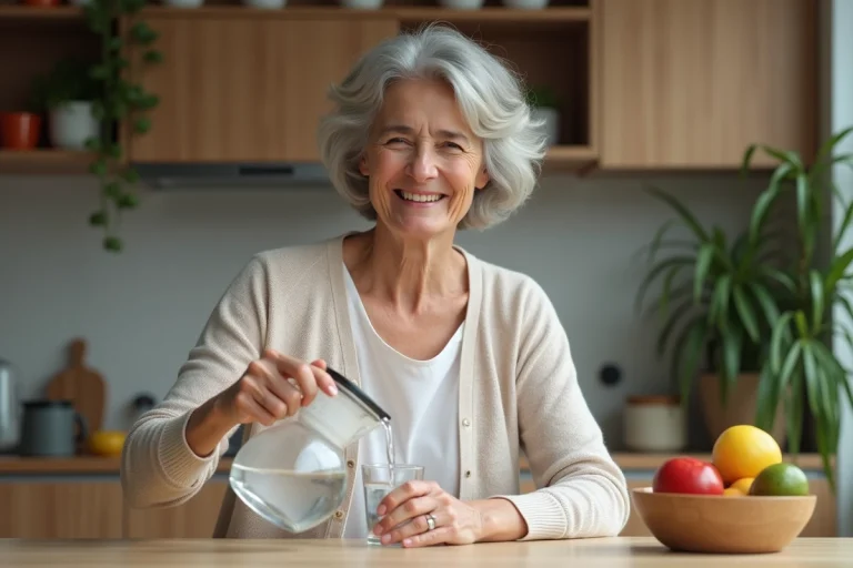 Femme senior souriante verse de l'eau filtrée dans un verre à la maison