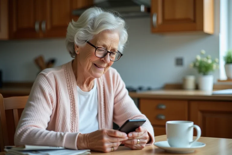 Femme senior utilisant un téléphone Doro dans la cuisine chaleureuse
