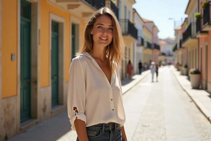 Femme souriante à Sète avec architecture méditerranéenne