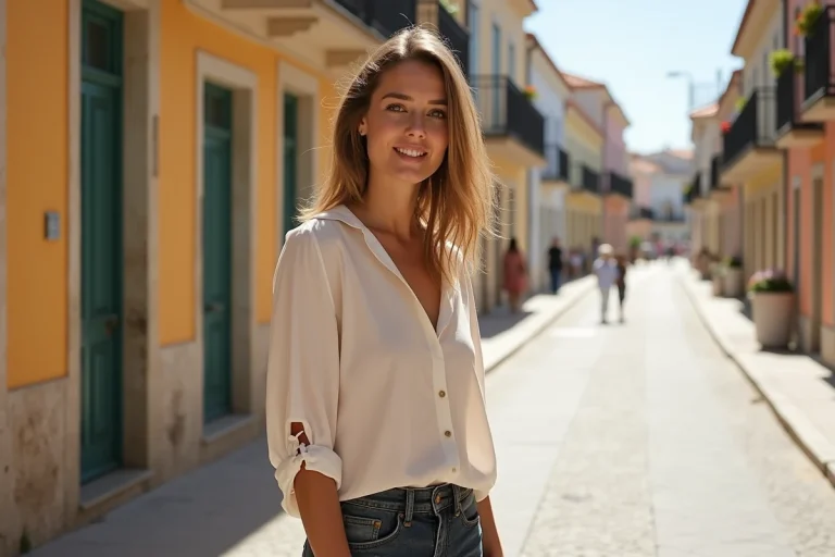 Femme souriante à Sète avec architecture méditerranéenne