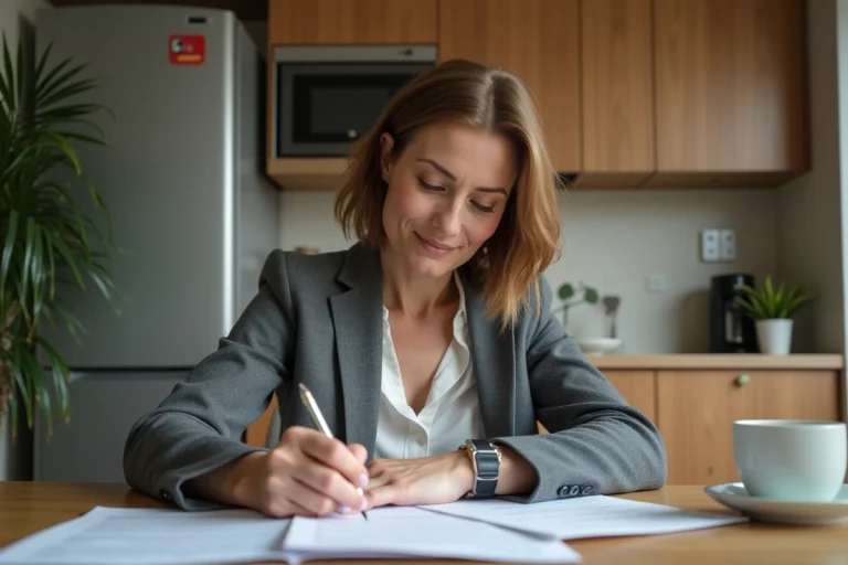 Femme signant des papiers dans une cuisine moderne
