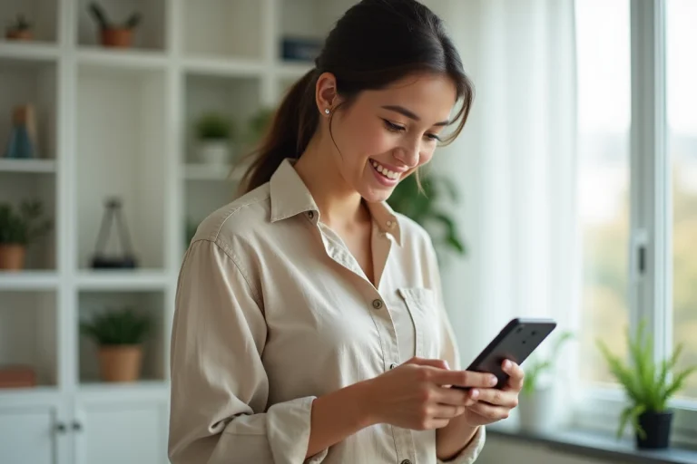 Femme consultant son smartphone pour découvrir les dates des prochaines ventes privées en France en 2025