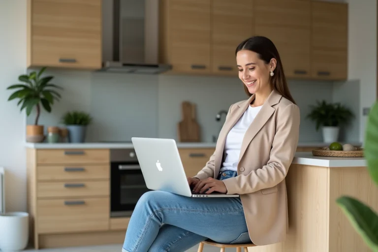 Femme souriante en blazer consulte immobilier sur son ordinateur