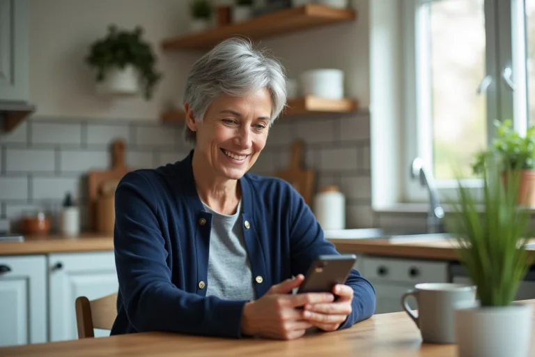 Femme souriante avec téléphone à la maison