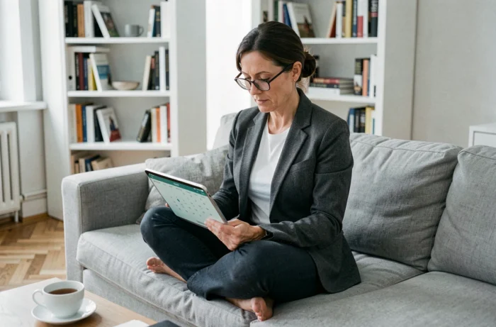 Femme en télétravail consultant son calendrier numérique sur tablette pour organiser son emploi du temps depuis son salon