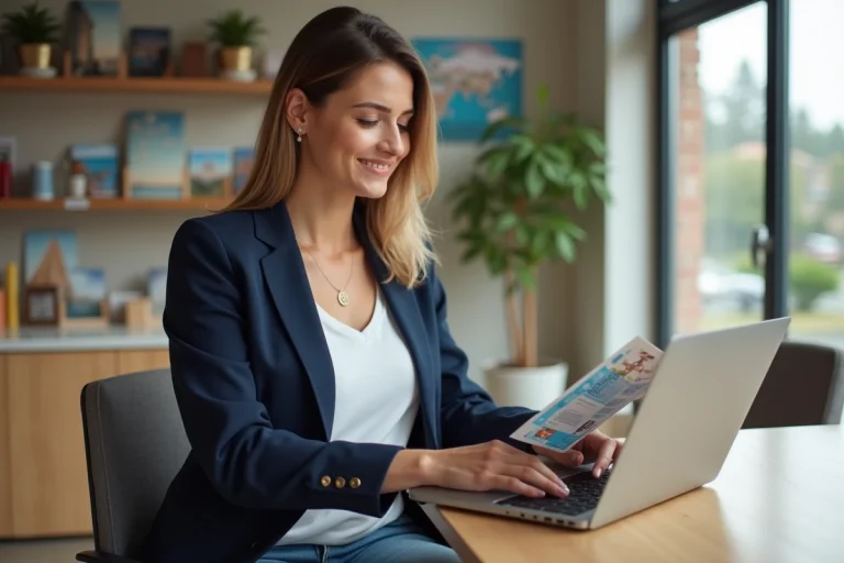 Femme en agence de voyage avec vouchers et ordinateur