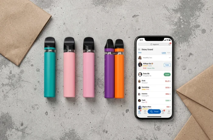 Flat lay de plusieurs puffs colorées et d'un smartphone affichant un site de vente en ligne, comparatif de puffs à petit prix