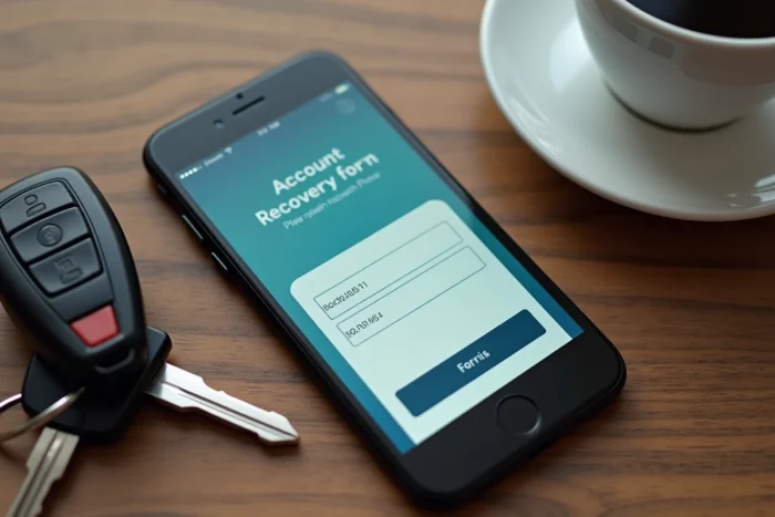 Vue de dessus d'un smartphone affichant un formulaire de récupération de compte avec numéro de téléphone, posé sur une table en bois