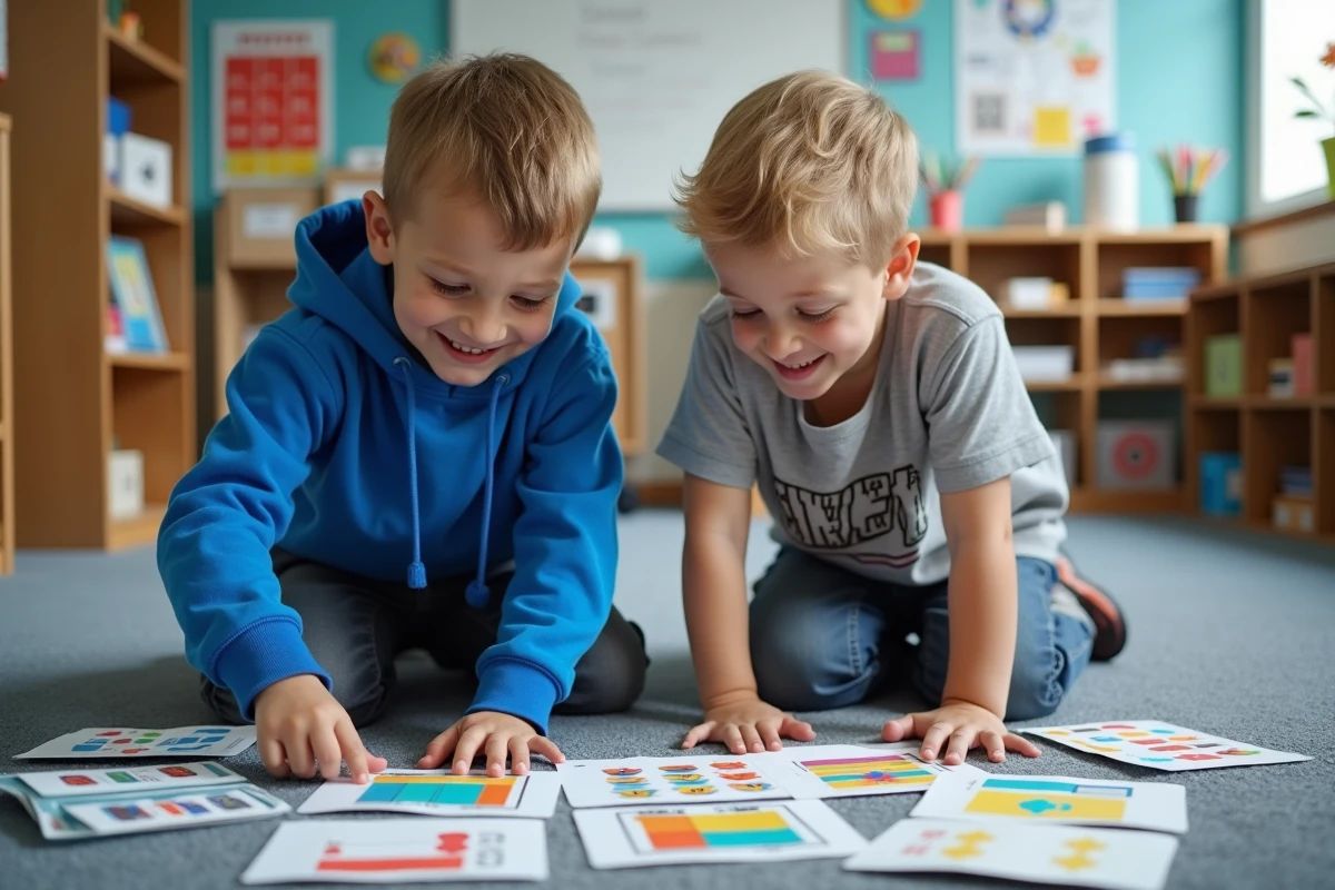 Deux garçons de 6 et 9 ans jouant avec des cartes colorées