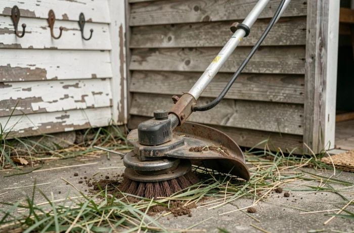 Gros plan du plateau de coupe d'un coupe-bordure thermique posé contre un abri de jardin