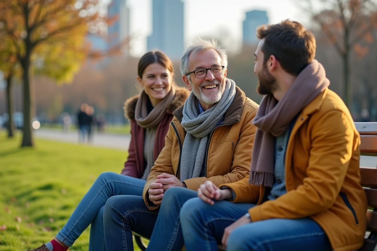 Groupe divers de trois personnes discutant dans un parc
