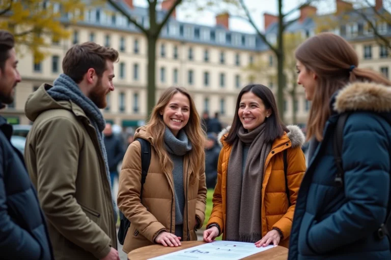Groupe divers d'adultes dans un parc parisien en discussion