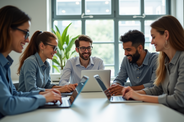Groupe d'enseignants collaborant autour d'une table moderne