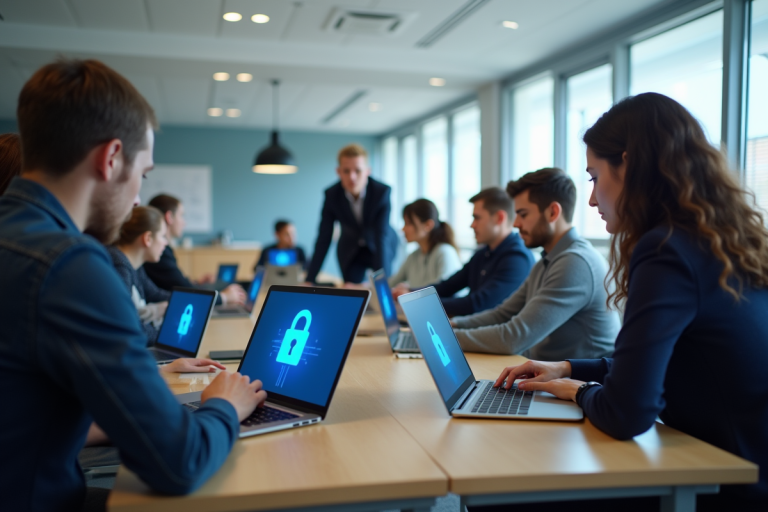 Groupe d'étudiants en classe avec icônes de cybersécurité