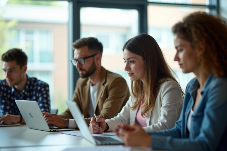 Groupe d'étudiants utilisant des tablettes en classe lumineuse