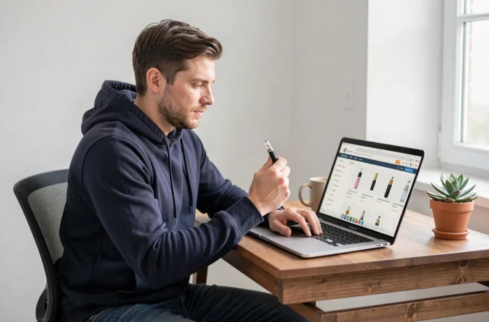 Homme achetant des puffs pas chères sur un site internet depuis son bureau à domicile avec un ordinateur portable ouvert