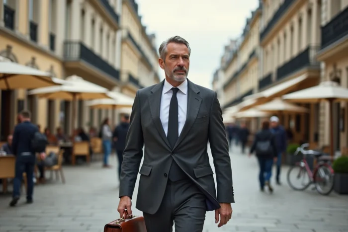 Homme d'affaires en costume marchant devant les bâtiments historiques du centre-ville de Rennes