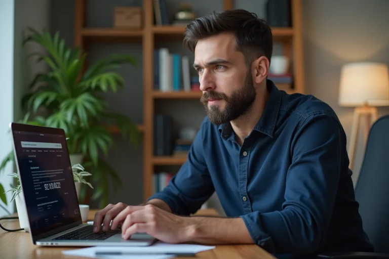 Homme au bureau utilisant un ordinateur avec IP visible