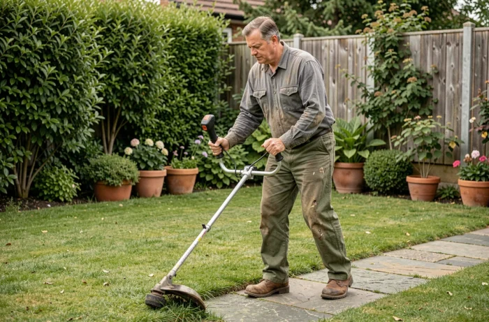 Homme utilisant un coupe-bordure thermique pour délimiter une allée de jardin en pierre