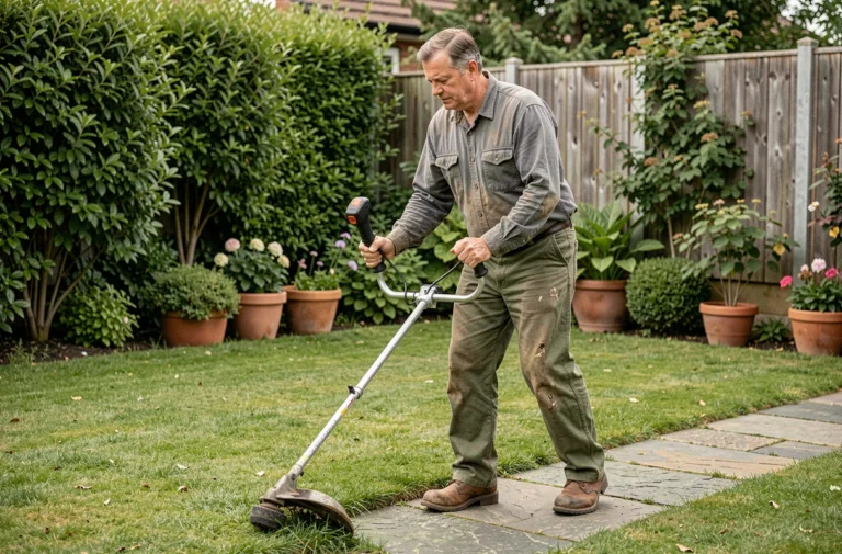 Homme utilisant un coupe-bordure thermique pour délimiter une allée de jardin en pierre