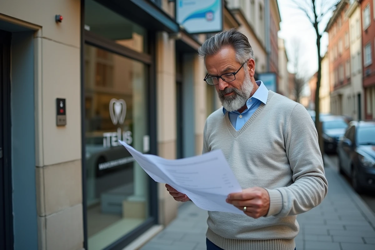 Homme regardant la liste de dentistes devant une clinique dentaire moderne
