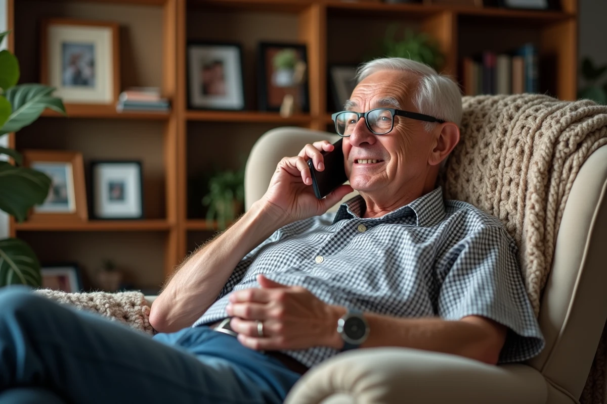 Homme âgé écoute un message dans son salon
