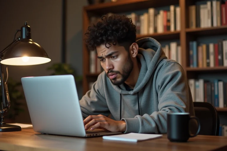 Jeune homme frustré devant un ordinateur portable affichant une page d'erreur, entouré de mangas sur des étagères
