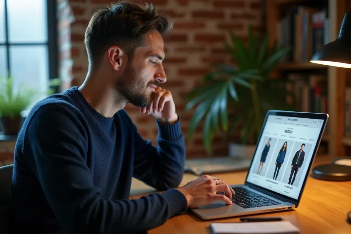 Homme consultant un guide des tailles sur ordinateur portable pour commander sur Zalando