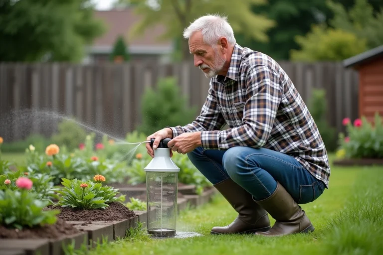 Homme au jardin utilisant un gobelet pour mesurer l'eau