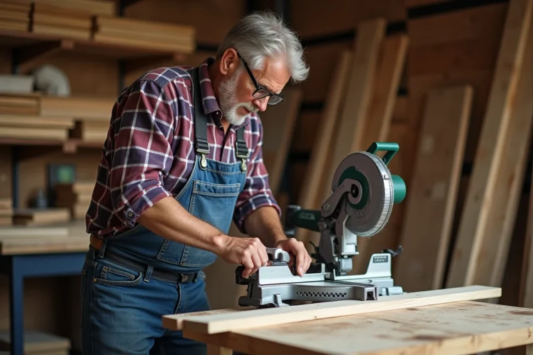 Homme en jeans coupant du bois dans un atelier de menuiserie