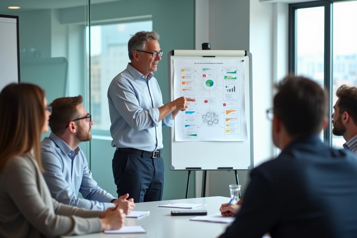 Homme en réunion expliquant un diagramme à un groupe