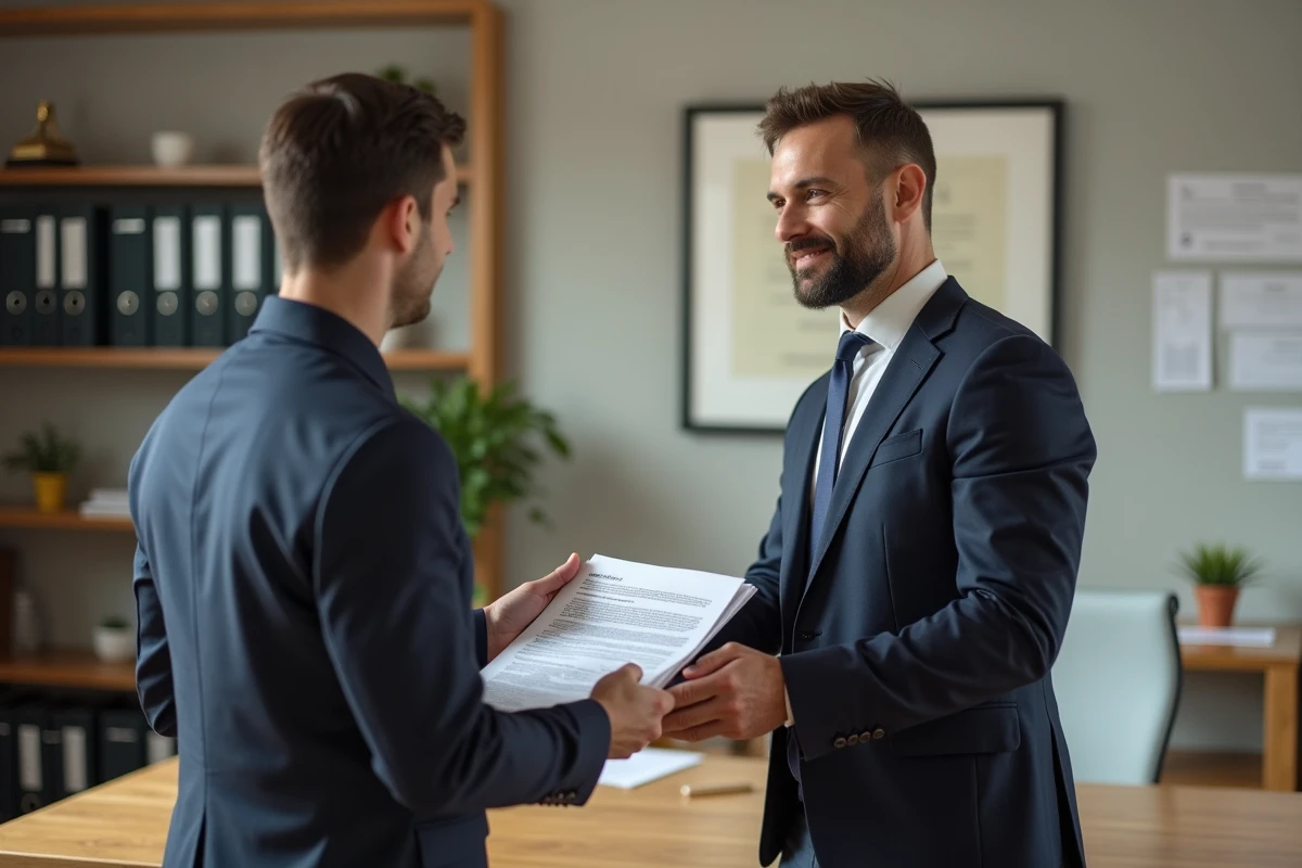 Homme d affaires donnant des documents à un locataire