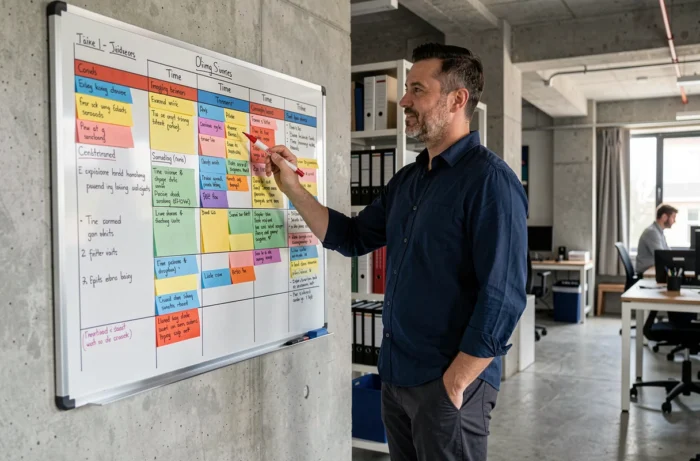 Homme d'affaires planifiant son emploi du temps sur un tableau blanc avec des blocs de temps colorés dans un bureau moderne