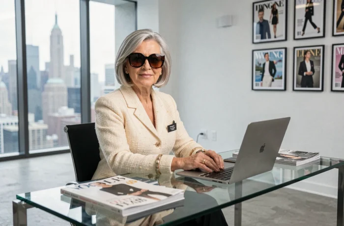 Femme élégante en veste tweed dans un bureau de mode new-yorkais, évoquant le style et la fortune d'une icône de la mode comme Anna Wintour