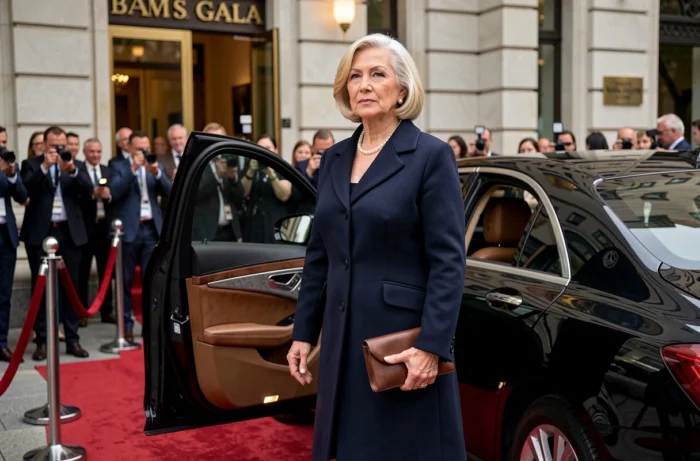 Femme influente en manteau bleu marine arrivant à un gala de mode luxueux, symbolisant la richesse et le statut d'une grande figure de l'industrie de la mode