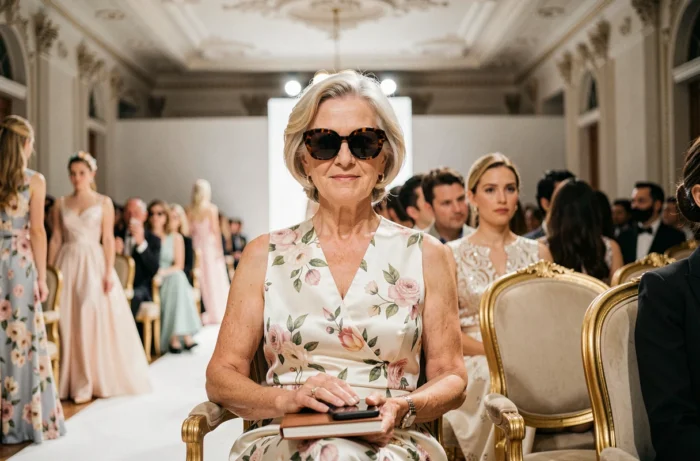 Femme au premier rang d'un défilé de mode parisien en robe en soie florale, incarnant le patrimoine et l'influence d'une icône mondiale de la mode